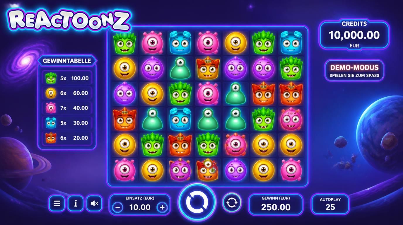 Bild eines Reactoonz Demo-Modus mit virtuellen Credits und Cluster-Symbolen