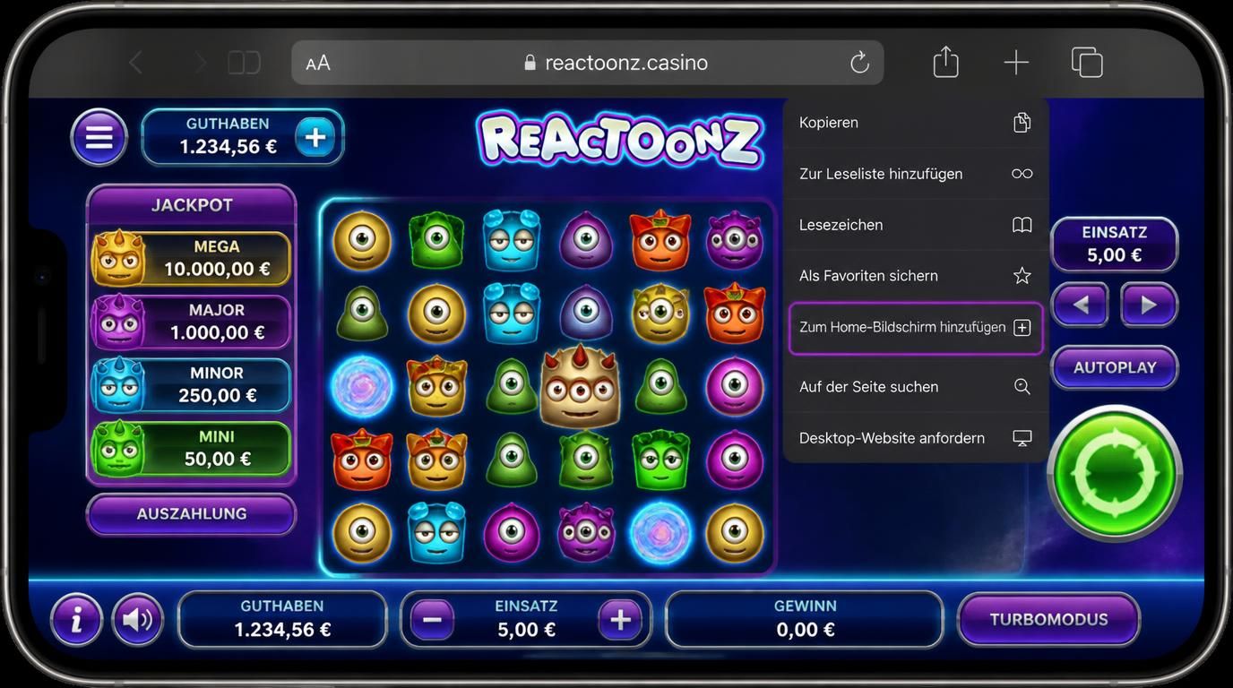 Browseransicht auf iPhone/iPad mit Reactoonz und Schnellzugriff über Safari